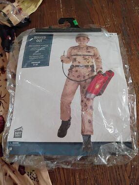 Amscan Bugged Out Exterminator Costume Kids Medium 8-10 Jumpsuit 4 Pc Halloween